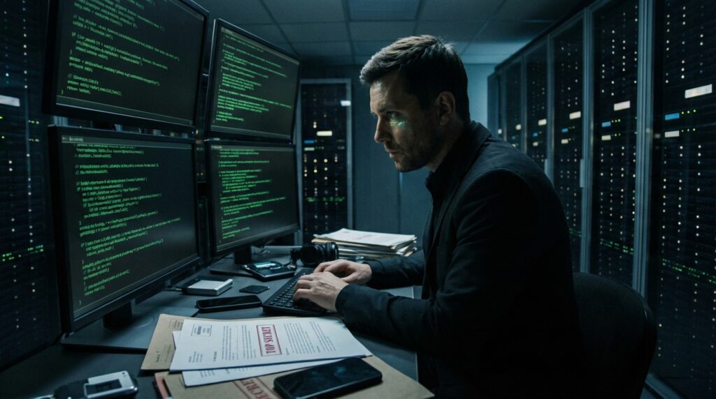 homme qui fait de l'espionnage industriel en entreprise