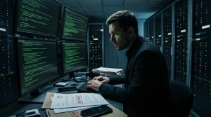 homme qui fait de l'espionnage industriel en entreprise