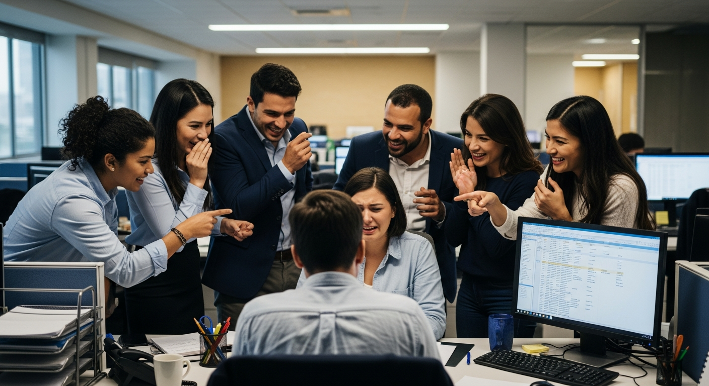 collègues qui se moque d'un employé au travail, harcèlement moral